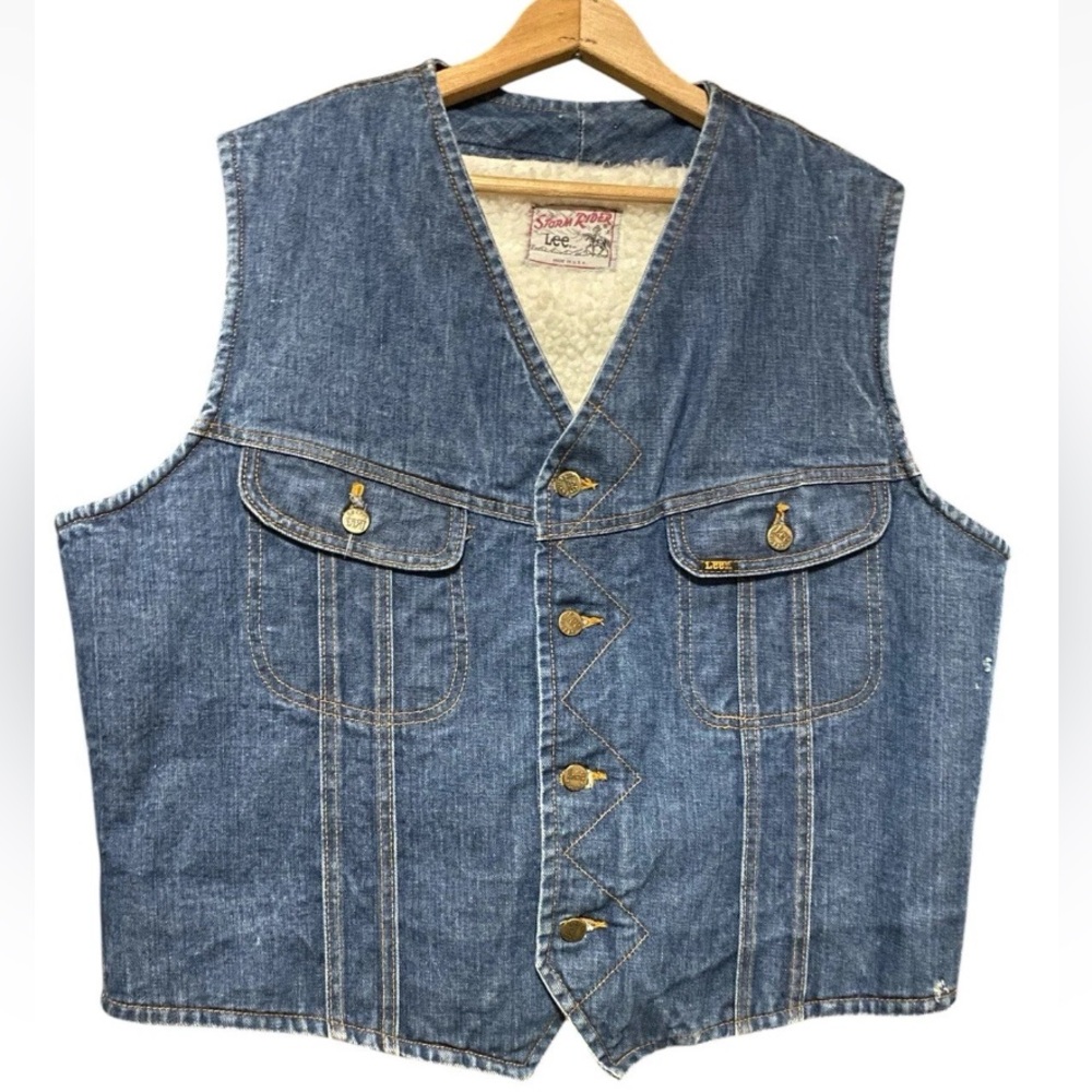 Vintage 70s Lee Storm Rider Mens 2XL Sherpa Fleece Denim Trucker Vest Jacket USA